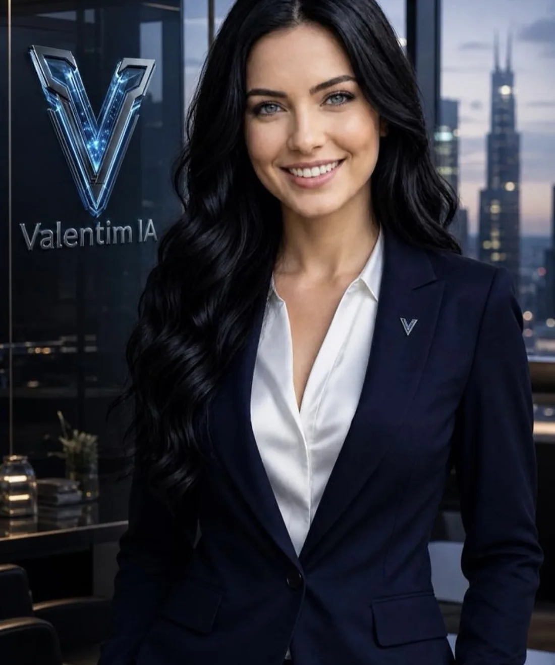 Alessandra, assistente de IA da Valentim IA, de terno azul-marinho no escritório