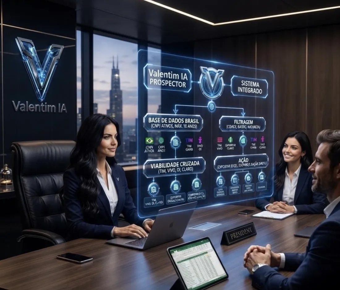 Alessandra apresentando o Valentim IA Prospector em reunião, com holograma do sistema integrado